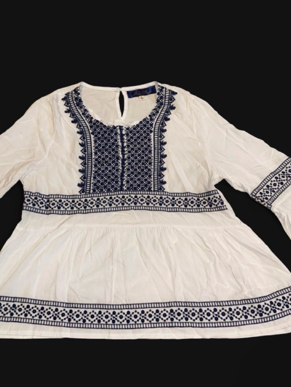 Blue Sky White Tunic with Navy Embroidery